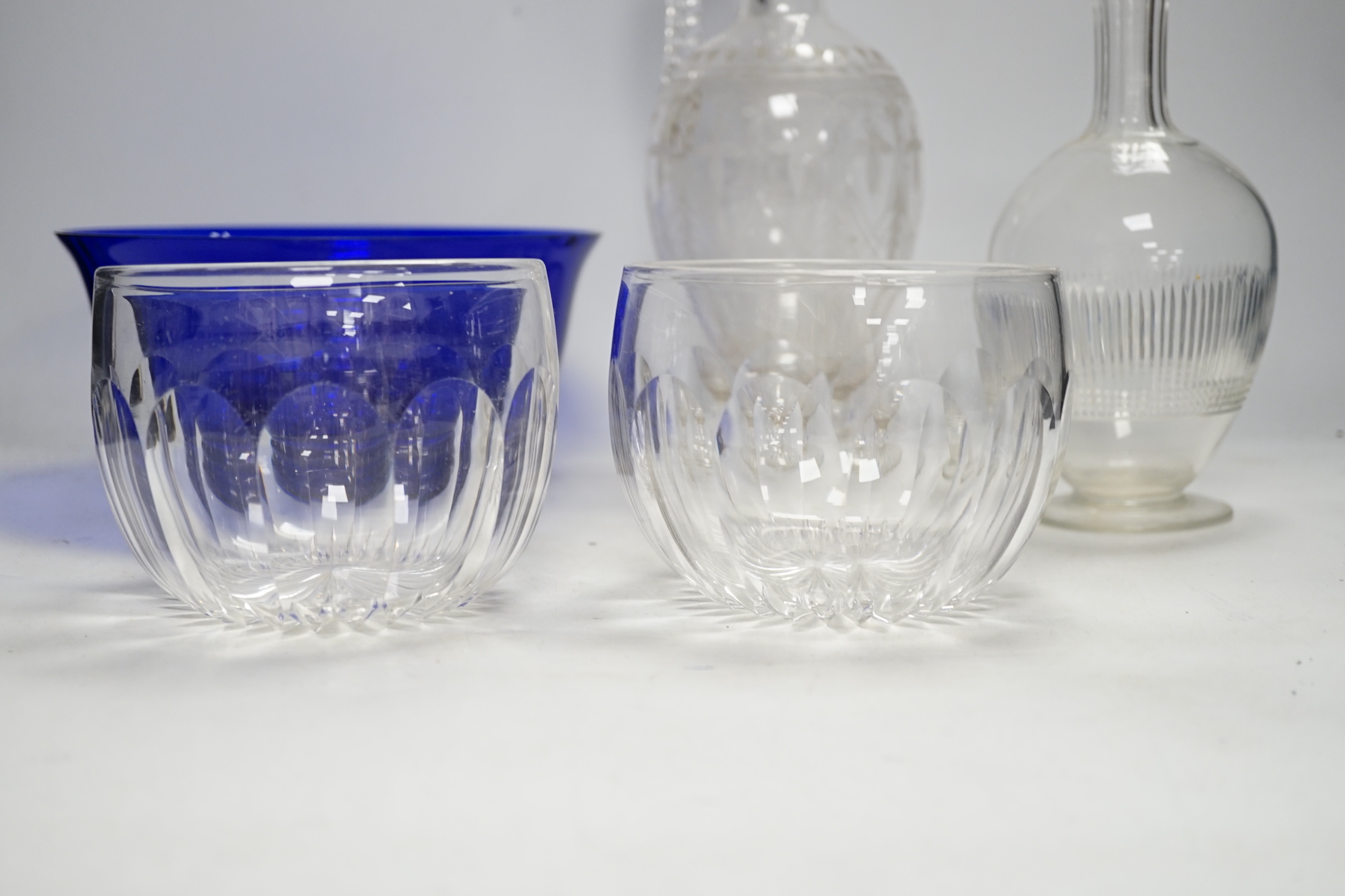 A Victorian ewer, a flask, two finger bowls and a blue glass bowl, ewer 30cm high